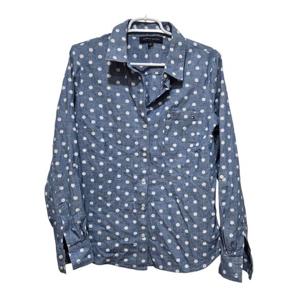 Tommy Hilfiger Men’s Medium Blue White Polka Dot Long Sleeve Button Shirt - Picture 1 of 8
